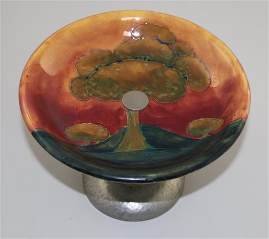 A William Moorcroft Eventide pattern Tudric pewter footed dish, 1920s, 15cm, restorations